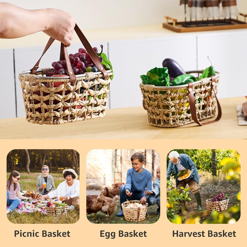 LGENHOOM Farmhouse Seagrass Egg Baskets for Collecting Fresh Eggs Handmade Egg Collecting Basket Wicker Oval Storage Basket for Picnic, Harvest, Vegetable - Image 3